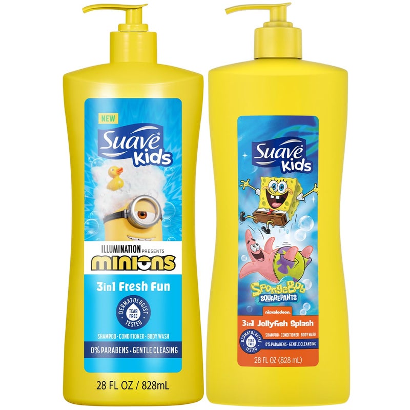 Suave Kids 3-in-1 Variety 2-Pack – Minions Fresh Fun + SpongeBob SquarePants JellyFish Splash Tear-Free Shampoo, Conditioner & Body Wash, 28 Oz Ea - Image 1
